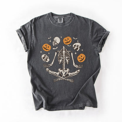 Skeleton Juggling Halloween Jack O Lantern Artwork Featuring Retro Vibes Comfort Colors Tee