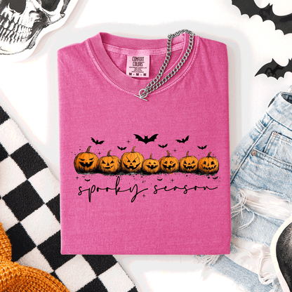Spooky Season Pumpkins Halloween Pink Skeletons With Bow Adornments Comfort Colors Tee