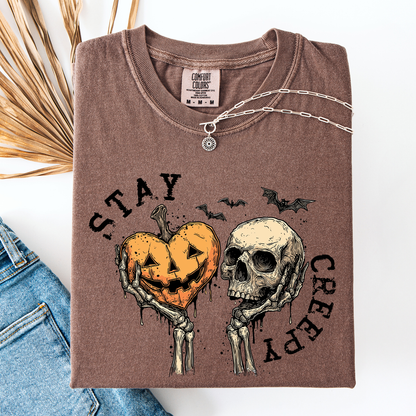 Stay Creepy Halloween Pumpkin Heart Skeleton Bats Leopard Print Checkered Comfort Colors Tee
