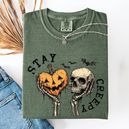 Stay Creepy Halloween Pumpkin Heart Skeleton Bats Leopard Print Checkered Comfort Colors Tee