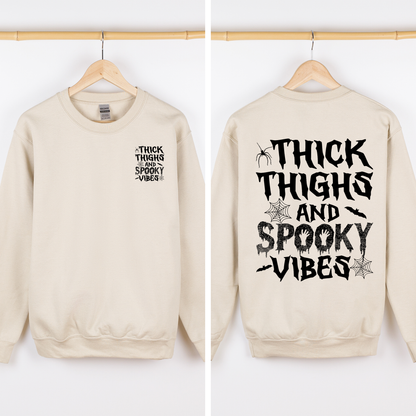 Thick Thighs Spooky Vibes Front And Back Faux Patchwork Lace Ghost Motif With Glitter Accent Halloween Edition Hoodie
