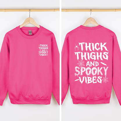 Thick Thighs Spooky Vibes Front And Back Faux Patchwork Lace Ghost Motif With Glitter Accent Halloween Edition Hoodie
