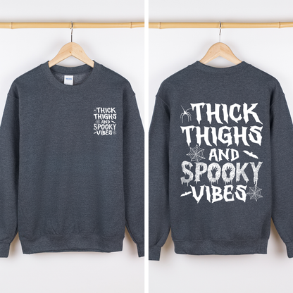 Thick Thighs Spooky Vibes Front And Back Faux Patchwork Lace Ghost Motif With Glitter Accent Halloween Edition Hoodie