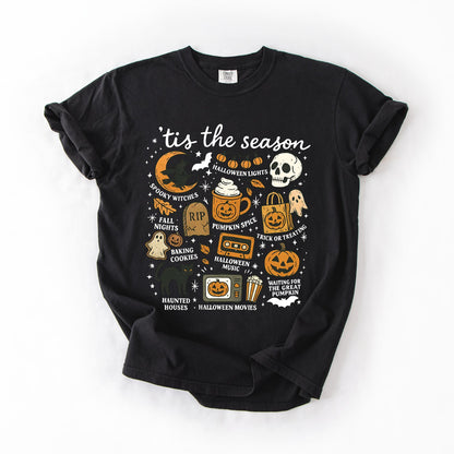 Tis The Season Halloween Skeleton Black Cat Witch Ghost Pumpkin Comfort Colors Tee