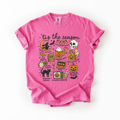 Tis The Season Halloween Skeleton Black Cat Witch Ghost Pumpkin Comfort Colors Tee