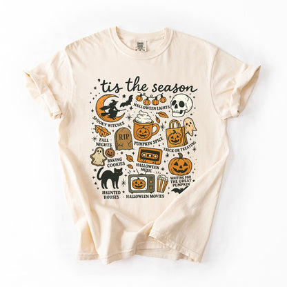 Tis The Season Halloween Skeleton Black Cat Witch Ghost Pumpkin Comfort Colors Tee