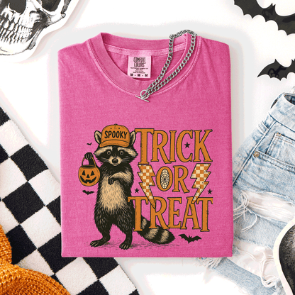 Trick or Treat Raccoon Halloween Mischief With Skeletons Ghosts Cats And Pumpkins Comfort Colors Tee