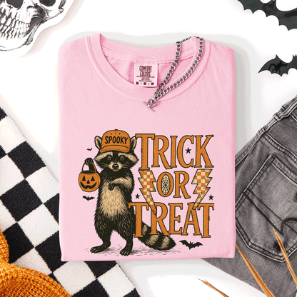 Trick or Treat Raccoon Halloween Mischief With Skeletons Ghosts Cats And Pumpkins Comfort Colors Tee