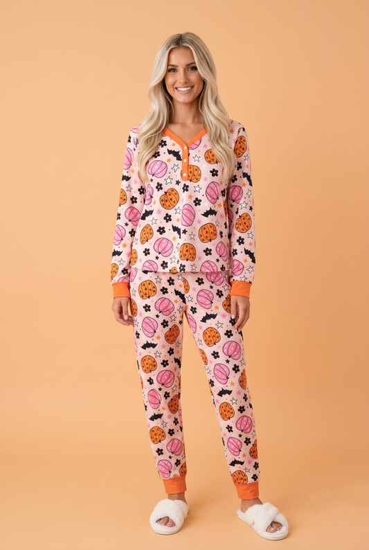 Halloween Pumpkin Long Sleeve Top & Pants Lounge Set
