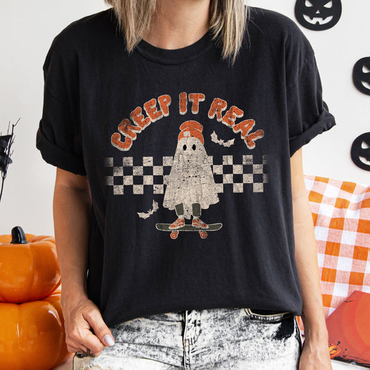 Creep It Real Retro Ghost Halloween Spooky Vintage Vibe Artwork Comfort Colors Tee