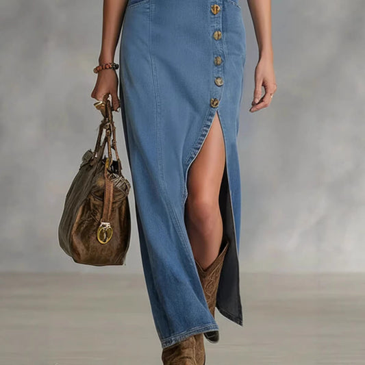 Button-Front Sleeveless Denim-Style Dress – Vintage, S–xxl