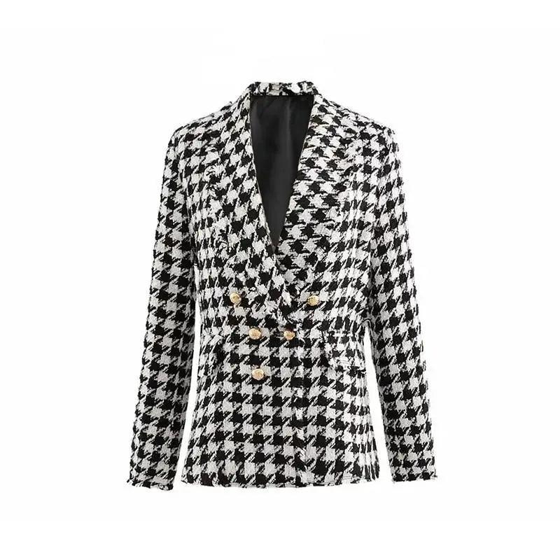 Elegance Women Tweed Jackets Fashionable Office Ladies Black Tassel Houndstooth Coats Female Autumn Vintage Thick Plaid Coat Girls Chic