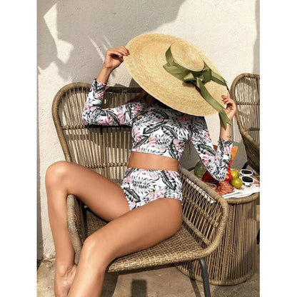 Surfing Swimsuit For Women Bikini Long Sleeve Swimwear Tiger Print Push Up Summer Bath Suit Two Piece Surfing Rash Guard Bikini Long Sleeve Swimsuit Set