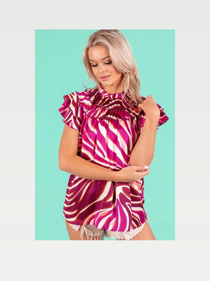 Trendy Zebra Print Top with Tiered Ruffle Neckline